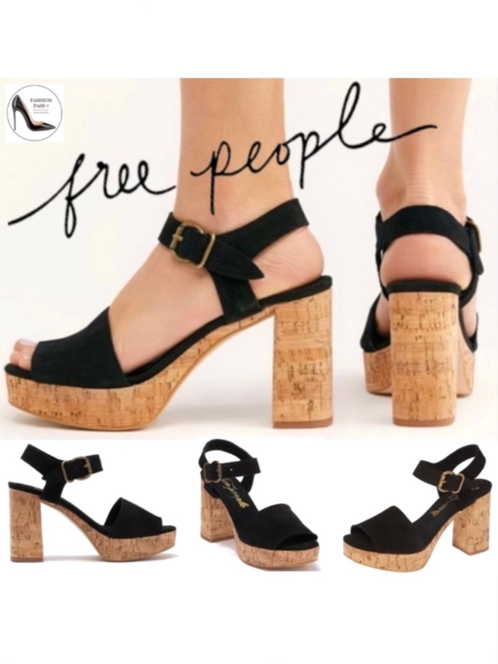 Free People Brooke Black Suede Cork Platform Sandal Block Heel Ankle Strap Shoes